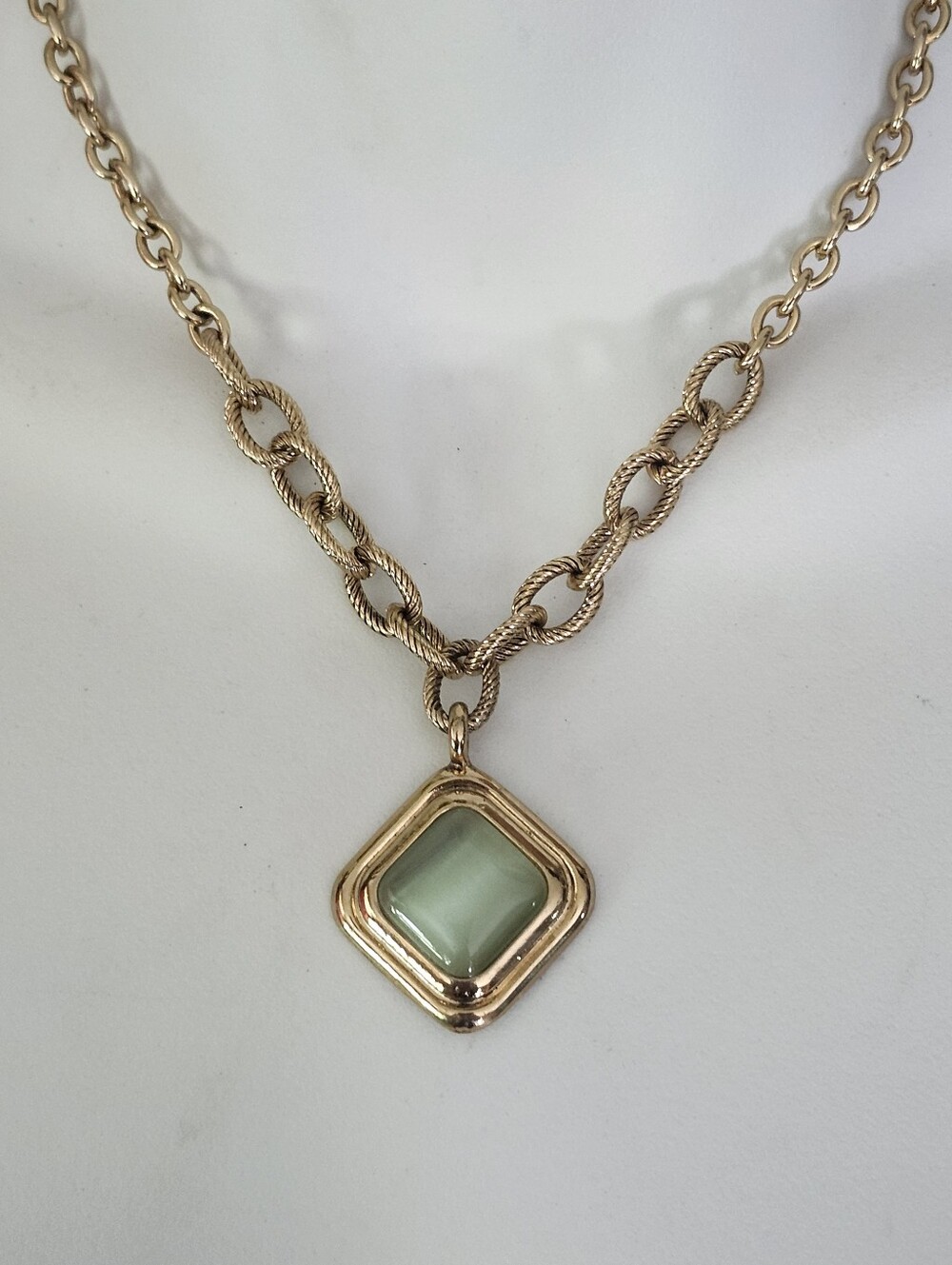 Gold Tone Chain Necklace with Pale Green Stone Pendant Necklace & Earrings Set